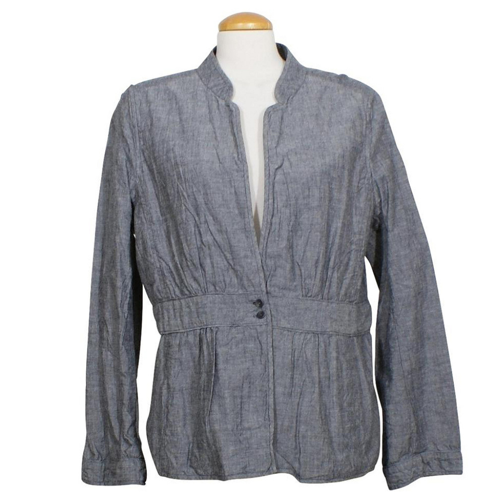 Blue Cotton Chambray Stand Collar Jacket XL